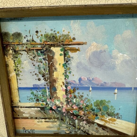 Vintage Enzo Petrilli 6″ Oil Painting on Tile – Italian Seaside Café (Framed) - Picture 9 of 16